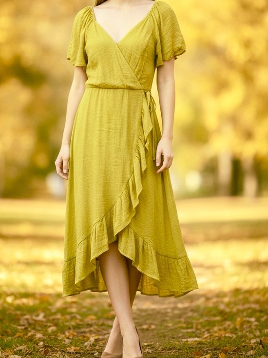 Luxology Dresses & Skirts - Luxology Chartreuse Criss-Cross Blouson Bodice Ruffled Skirt Summer Dress Medium